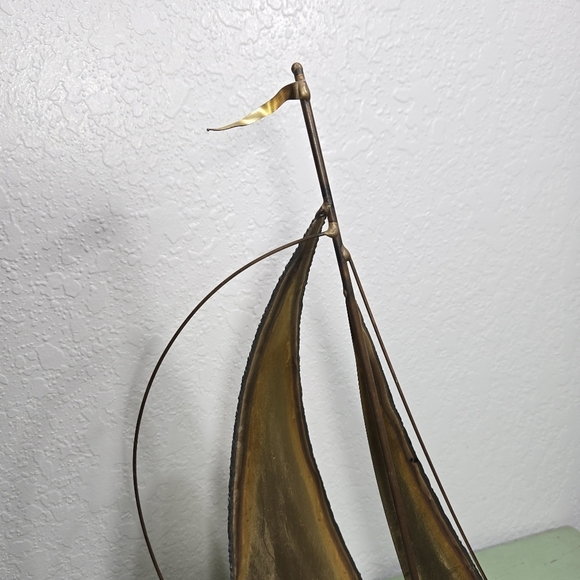 Metal Sailboat Sculpture Brass Copper Quartz Stone Base Signed by Artist Vintage - Picture 3 of 5